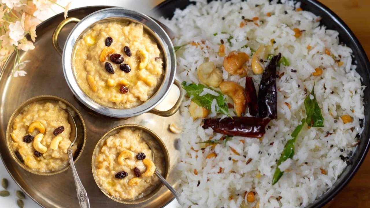 Sweet pongal Coconut rice in a Temple style in telugu