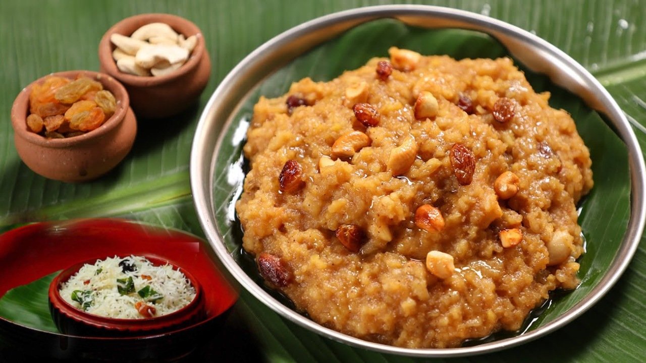 Sweet pongal Coconut rice in a Temple style in telugu